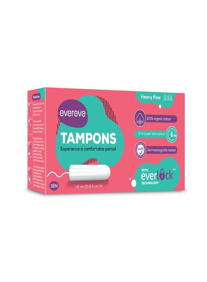 Evereve Tampons, 100% Organic Cotton, For Heavy Menstrual flow, 16 pcs, Super absorption, Safe, Soft & Comfortable, Stain-free periods, Rash-free, Prevents odour, FDA approved, Biodegradable - Image 1
